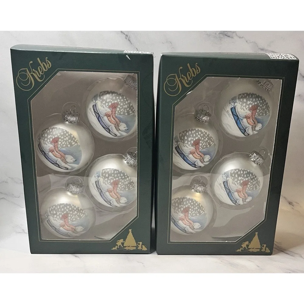 TWO Sets of 4 Christmas by Krebs White POLAR BEAR Sledding Glass Ornaments 2.5